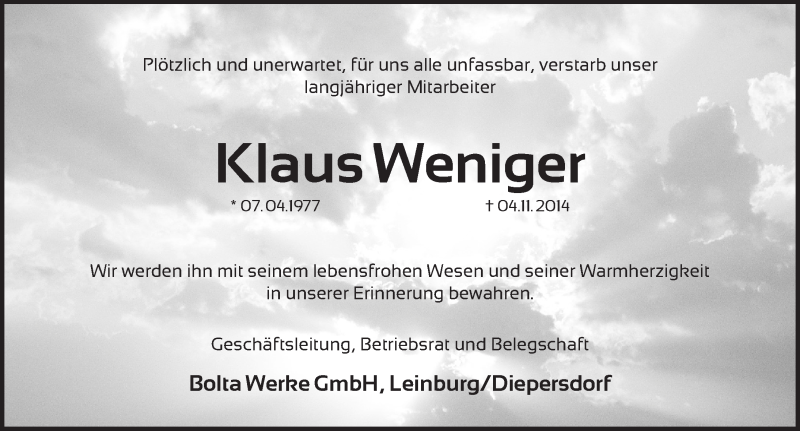  Traueranzeige für Klaus Weniger vom 08.11.2014 aus Pegnitz-Zeitung